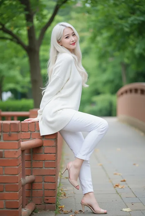 

 Beautiful korea woman with long,slightly fat,wavy white hair sits elegantly on a red brick bridge railing in a lush, green park setting during daytime. She is wearing a white long sweater and white  medium jeans bottoms, paired with beige high-heeled sa...