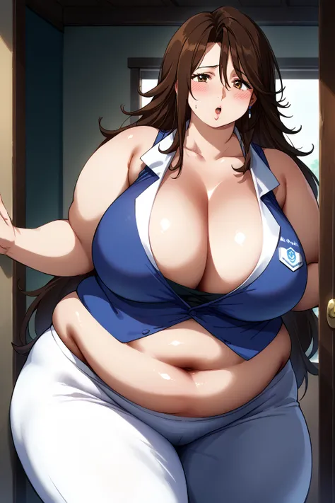  Sumeragi Lee Noriega ,  Sumeragi Lee Noriega ,blue shirt, sleeveless ,A shirt with a wide open neckline,White trousers,Exposed navel,Obese middle-aged woman, troubled expression, embarrassing expression ,milf, chubby, king bang , score_9,  score_8_ up、 sc...