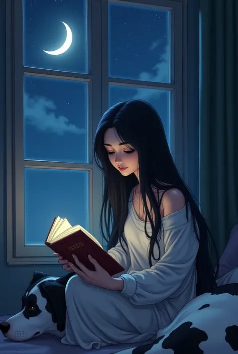 Adult girl with black eyes and long black hair sitting reading a book at night by the window next to the moon and with a very small black and white dog as if they were spots on a cow and a brown face 