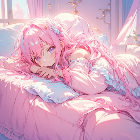 Chibi、 cute girl lounging around wearing fluffy loungewear、 happy、Heartwarming、Relaxed、 macaron cushion 、Princess bed 、 white and pink cute room 、Cute girl lounging around wearing milky white and cherry gradation hair color 、