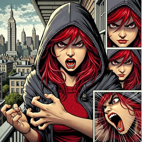 REALISTIC ILLUSTRATION OF HIGH GRAPHICS MODERN COMIC STYLE  , Young woman,  twins with red hair, red cap and dark gray hood , On the roof ,   in the background New York City,  furious, very angry, screaming and pointing with her index finger, indignant