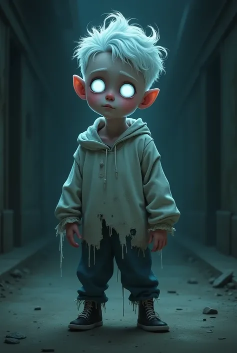 Make a 2D image of a scary ghost boy a male boy of about 4 or  with an expression that would be bright white eyes broken clothes the boy who looks full body animated in 2D unrealistic 