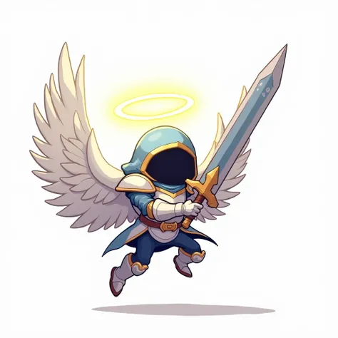 Create the image, in Chibi-Cartoon style , of a gigantic full-body hooded angel ,  in a dynamic combat pose,  seen from the front and slightly tilted to the side ,   jumping and holding a giant sword,  with a wide blade ,  made of bright light above the he...