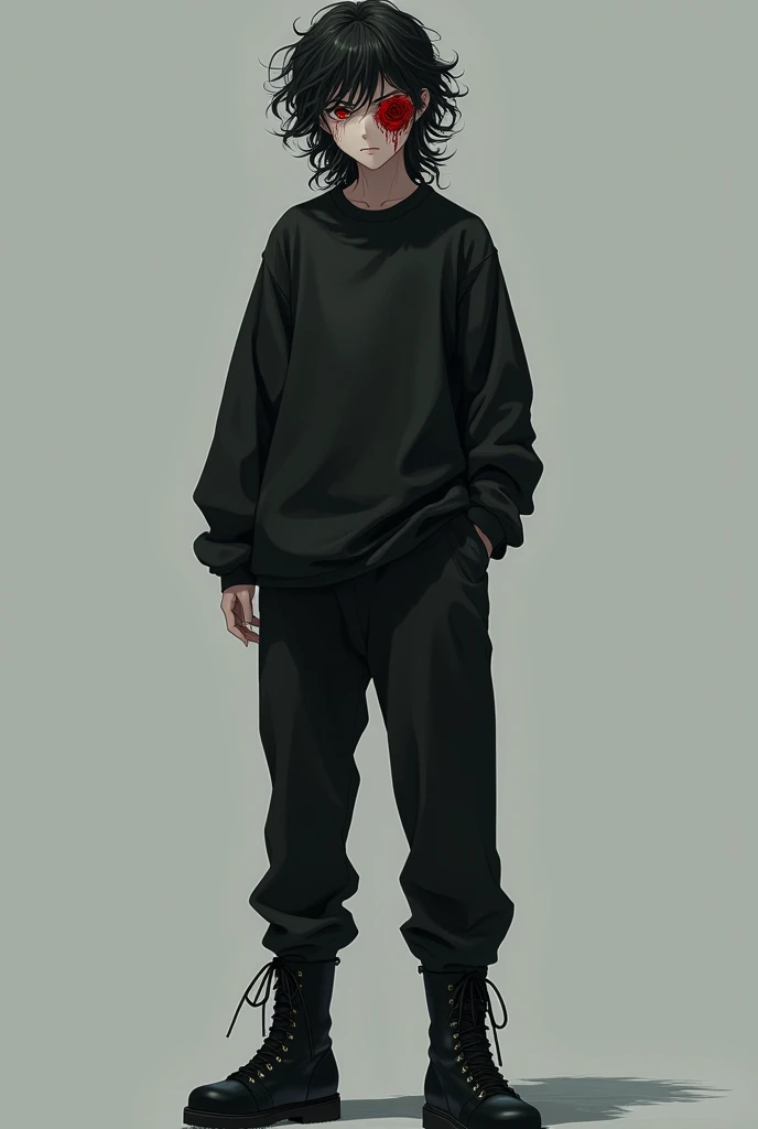 Boy with long curly hair wearing a ponytail ,  in one eye has a red rose with thorns and blood ,  black t-shirt with a black sweatshirt ,  black pants and black anime combat boots