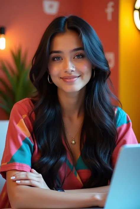 An approximately 18-year-old digital influencer with long black hair,  bright and well maintained , that falls in soft waves over her shoulders. Her intense blue eyes shine with vivacity, standing out on her perfectly made-up face, with well-defined eyebro...