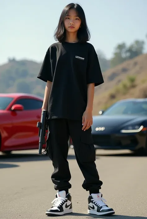 A 16-year-old girl with a black shirt from Balenciaga ,  black cargo pants ,  Jordan retro 4 sneakers in white with black and a gun or gun in her hand and in the background of her you can see 3 sports cars from a Supra ,  an Audi r8 and a doggy change and ...