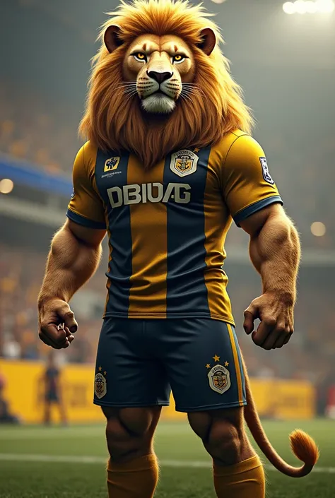 A lion, the mascot of the Bolivar soccer team, with the t-shirt