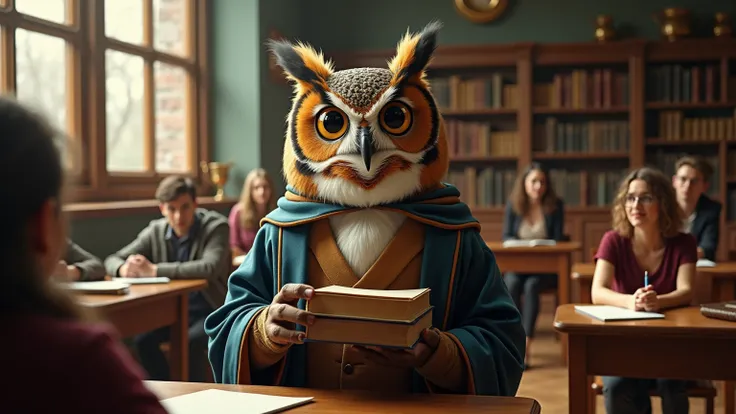 Depict the owl lecturing in a university classroom.