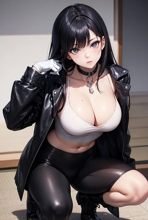  A woman ,  long black hair,  Japanese fringed hair ,  eyes as blue as night , voluptuous,  black sportswear ,  black Lycra pants ,  white gloves, Military girl poses , Serious, sexy,  black collar fitted to the neck ,  black boots with white converse styl...