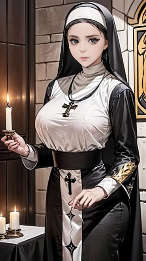 (best quality:2.0), (extremely detailed:2.0), (highly detailed:2.0),(Morse, a nun working in the chapel of the tower, wearing a simple yet elegant nuns habit, quietly praying at the altar with a sacred atmosphere surrounding her: 1.8),(During the day, she ...