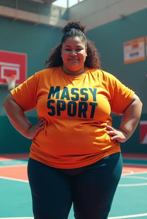 Obese adult woman wearing a shirt that says massy sport and in the background is a court and there is a sign that says massy sport 