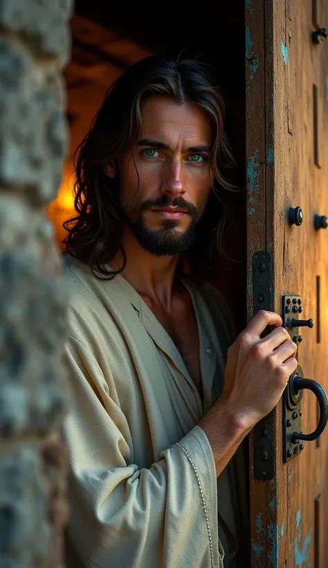 The image depicts a man with features associated with the traditional representation of Jesus Christ. He appears facing forward, looking directly at the viewer with a serious yet serene expression. His eyes are an intense blue, standing out against his pal...