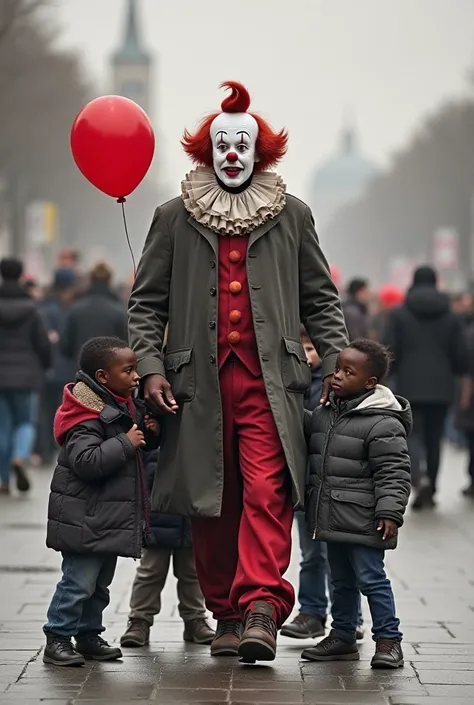 Affiche de film montre un homme noir sur la place publique avec un costume de clown et un nez rouge. Lhomme est entouré de quelques enfants noirs de peau qui jouent avec lui. Laffiche doit etre réaliste. Il écrit en titre "The Place of indépendance en roug...