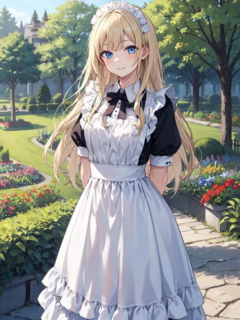  1 girl, solo, Blonde,  long hair, Straight Hair, Beautiful breasts, medium breasts, maid clothes, blue eyes, Droopy eyes,  close your mouth, smiles, happy/joy,  is standing,Hands Behind Back, high res,  simple background, garden,noon, top quality ,  anato...