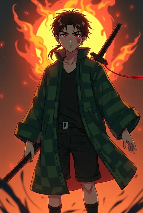 Demon Slayer live-action version。
There is a crack in the double tooth。
Behind him is a flame aura。
Standing with a sword。Thin legs。
The jacket is a two-tone green and black check pattern.。
Wearing tabi socks.。
Bruise on left forehead。
Rectangular earrings...