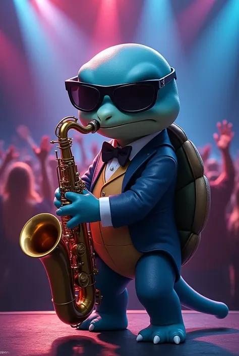 Squirtle playing tenor saxophone with dark sunglasses at a concert at night 