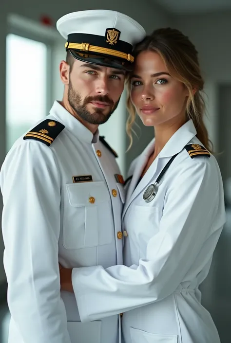  I need you to design an image that includes the following :  an unbearded naval officer dressed in white ,  long sleeves with shovels that have two golden stripes on his shoulders;  next to her side a lady doctor with a white apron ,  specialist in trauma...