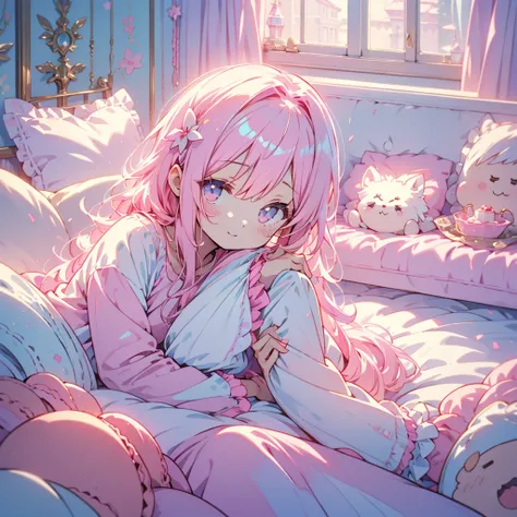 Chibi、 fluffy loungewear、 happy、Heartwarming、Relaxed、 macaron cushion 、Princess bed 、 white and pink cute room 、Cute girl lounging around wearing milky white and cherry gradation hair color 、