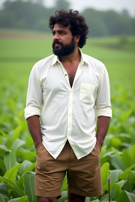  This image shows a man of middle age and medium height wearing a white shirt rolled up and brown shorts below the knee.  He has curly black hair and a short, disheveled beard for several days .  The man is standing in a field full of green plants , with a...