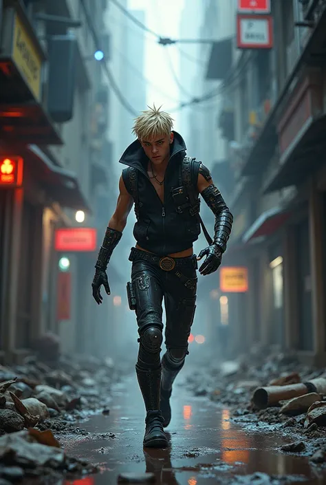 Short Blonde teenage male with cybernetic enhancements struggling to survive in the alleys of a dystopian mega-city