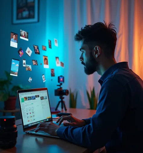 Un créateur de contenu assis à un bureau, travaillant sur un ordinateur portable avec des icônes de vidéos, textes et photos qui semblent flotter autour de lui. À côté, une caméra et un smartphone monté sur un trépied. L’environnement est dynamique et lumi...