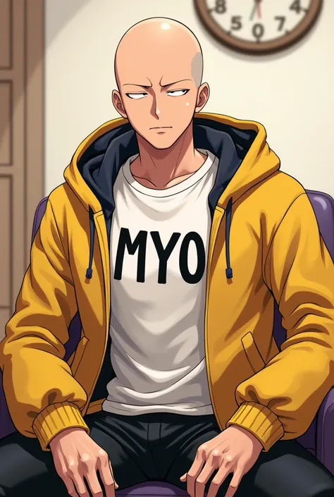  The manga One Punch Man Saitama is sitting dressed for New Year。The letters MyO are engraved on the chest of the clothes 。
The whole thing has a humorous touch.。