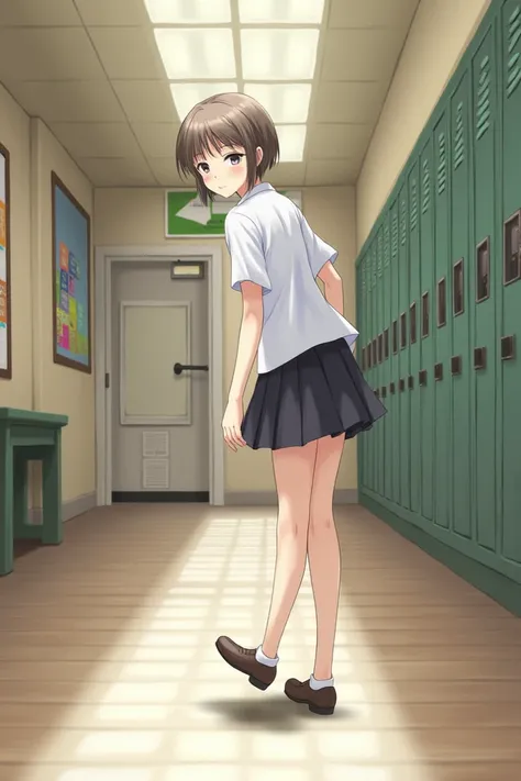 Short haired girl walking around looking back in school uniform