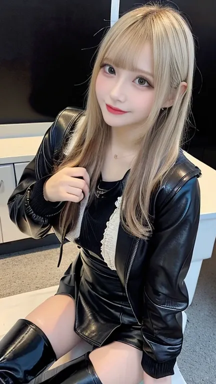 she is in a room,sitting in a desk, crossing legs,one girl, worms eye and front view:1.5,High resolution、blondeヘア、girl、Light Hair Color、sexy、blonde、Thin legs、Beautiful eyelashes、High resolution、Zoom out、20-year-old、 Wide viewing angles、Highest quality、Very...