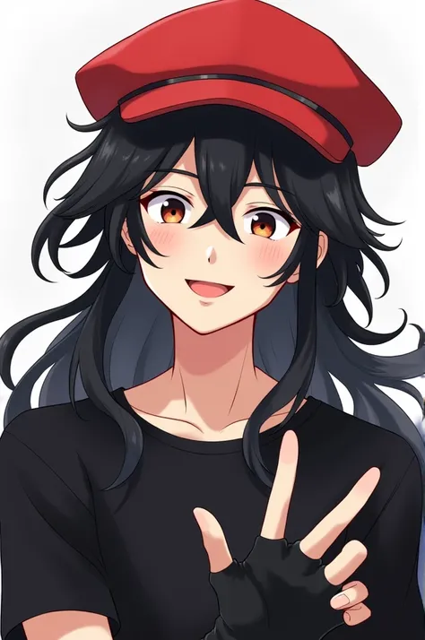 Male anime long black hair and red hat normal lenses black shirt black gloves cropped fingers smiley face doing ✌🏻