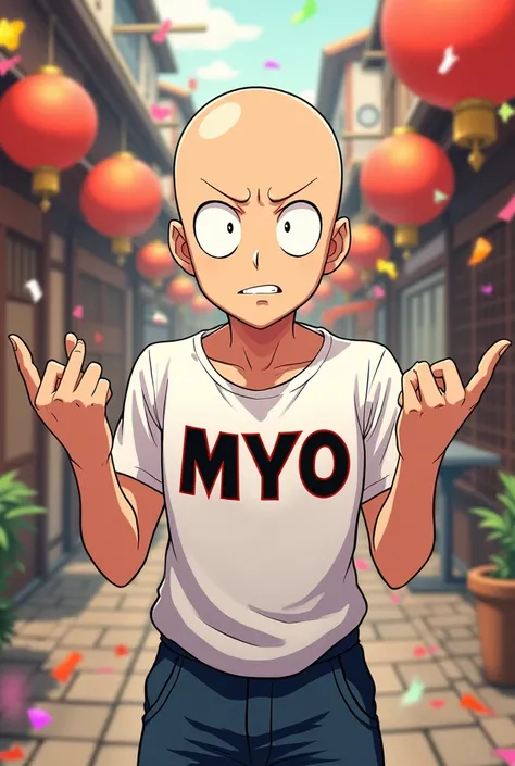 Saitama from the manga One Punch Man is celebrating New Year。The letters MyO are engraved on the chest of the clothes 。
The whole thing has a humorous touch.。