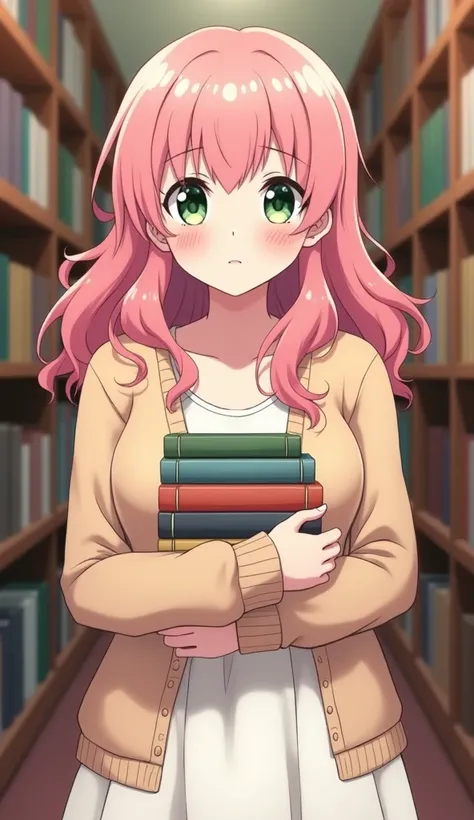   woman, fat, chubby, anime style, long pink hair, curly hair, bangs behind the ear, litgh green eyes, embarrassed, red cheeks, cardigan begie, long white skirt, holding books in the library