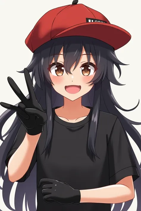 Male anime girl long black hair and red hat normal lenses brown eyes black shirt black gloves cropped fingers happy smiling face doing ✌🏻