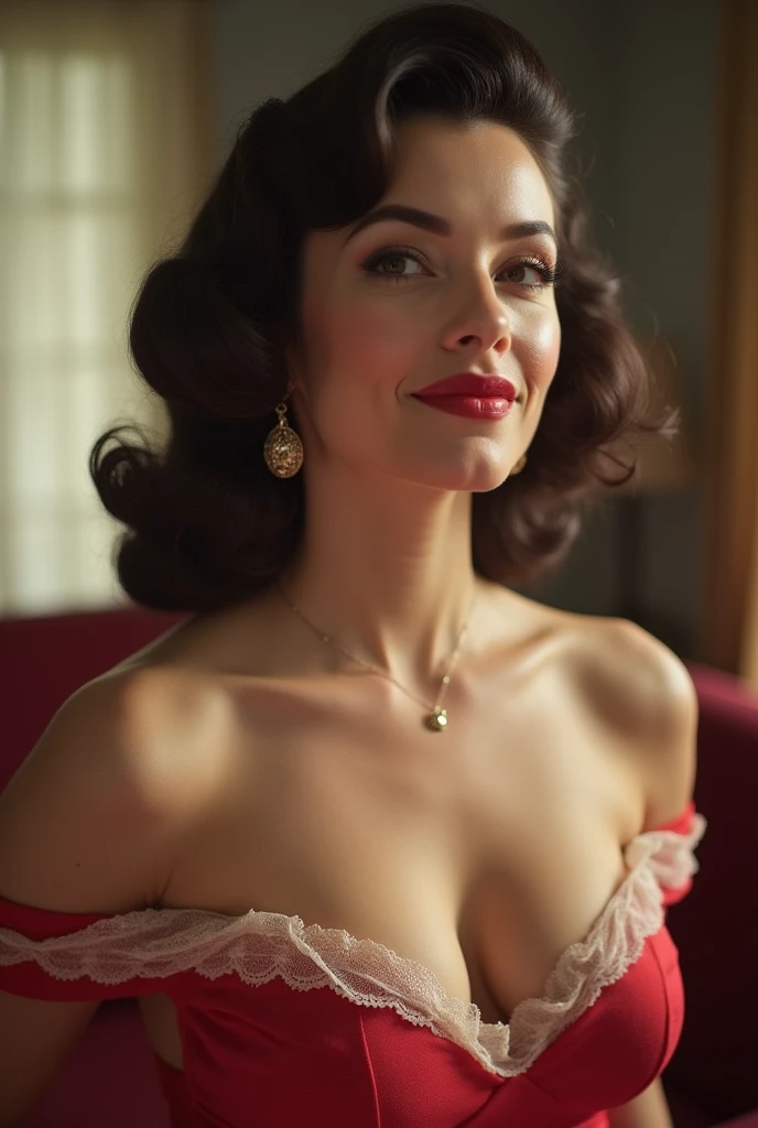 ((Seriously Victoria in the 1950s Retro Dreams)), Looking at viewers, Giggly Smile, 1950s gorgeous hair style, Deep cleavage, dutch angle shot                                                                        