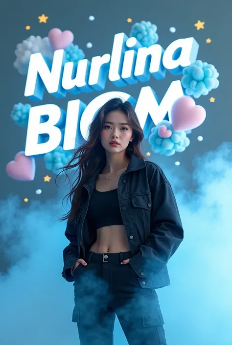 Photo of beautiful Korean woman with long hair. He stands with the big name "Nurlina BICM". He wore a black jacket top and black cargo pants. The man is standing behind a big and bright 3D Render with the name "Nurlina BICM" written in a cute and funny sty...