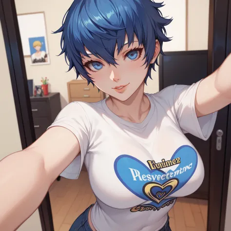 naoto shirogane, feminine, big breasts, blue hair, blue eyes, persona 4, home, white t-shirt, selfie, masterpiece, high quality