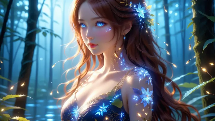 A Masterpiece In 32K Resolution, Supreme Quality, Super Detail, Official Art, Very High-Resolution 32K Wallpaper, Exquisite And Aesthetic, Ultra-Detailed Features, Awe-Inspiring Detail. A Magical Forest Filled With Twinkling Fireflies And Soft Moonlight St...