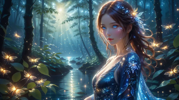 A Masterpiece In 32K Resolution, Supreme Quality, Super Detail, Official Art, Very High-Resolution 32K Wallpaper, Exquisite And Aesthetic, Ultra-Detailed Features, Awe-Inspiring Detail. A Magical Forest Filled With Twinkling Fireflies And Soft Moonlight St...