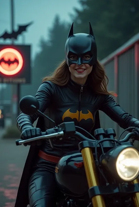 The image of the portrait dressed as Batwoman gets real facial features smiling at the camera in real time, the character is making a gesture with her right hand, then the character places her right hand on the motorcycles arm, the camera takes a close up ...