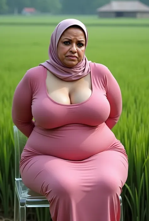 Overweight Breasts Tetek besar melayut, Skinny hijab skinny hijab skinny hijab skinny hijab, (photorealistic:1.6) Indonesian hijab skinny dry aunty wear bra and (mini tiny tights Hotpants),  Green background rice paddy. daytime atmosphere, dont put any rop...