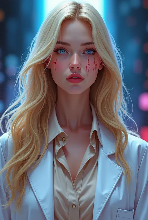  Creates an image of a woman with long blond hair in waves ,  with intense electric blue eyes , staring straight ahead,  that has a line of red paint dripping on her cheek , that her eyes express nostalgia ,  red lips with a white skin between divine tan ,...