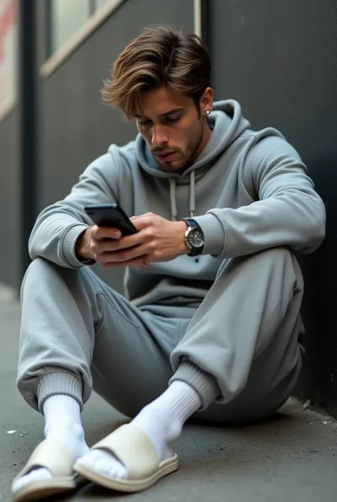 Gay roadman with brown hair sitting on the ground with a cell phone, wearing white socks and sliders, fear of god style, wearing grey tracksuit with cock bulge