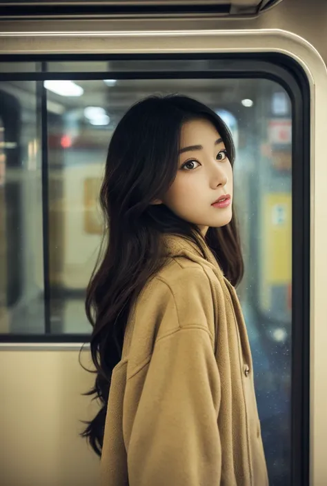 Looking outside as it snows from inside a train。Japanese beauty with long black hair 　Shooting from an oblique angle　Im wearing a beige coat。Upper body photo　8K HD 