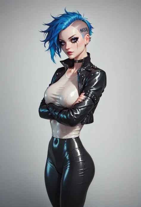 Beautiful 25 year old girl, White skin Short punk style hair with blue highlights,Gothic makeup,Wearing a black leather jacket, tight latex pants, arms crossed   