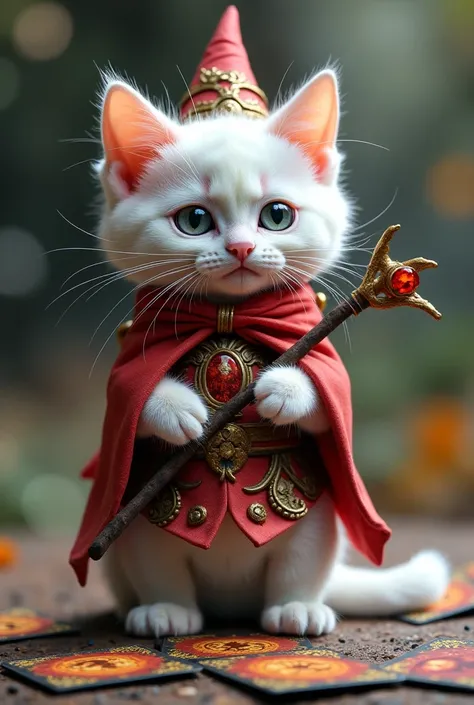 A cute white wizard kitten is dressed as a fantasy character１animal.  This little cat has a fantastic world , A fantasy world is brilliant and beautiful ,   beautiful view of the world  , かわいい子猫はmagical本の上に乗る, magical結晶と帽子を身に着けています .Tarot cards are scatter...