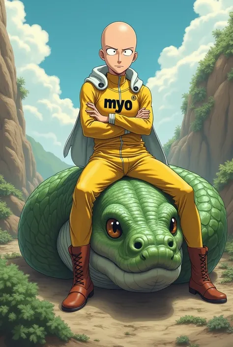 Saitama from the manga One Punch Man is riding on a giant snake。The letters MyO are engraved on the chest of the clothes 。
The whole thing has a humorous touch.。