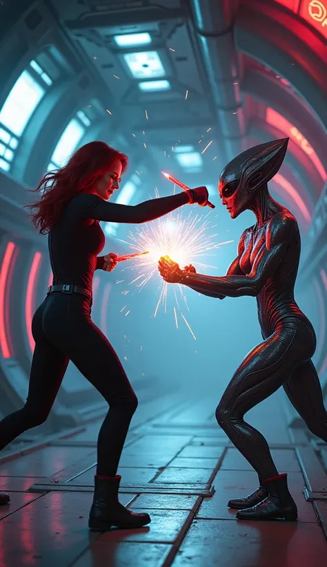 ** Prompt for Epic Fight : Black Widow vs. Female alien (Marvel style, Ultra Realistic,  inside a spaceship )**  

 Inside a futuristic super spaceship , Black Widow e uma alienígena feminina lutam em um confronto eletrizante.  The environment is illuminat...