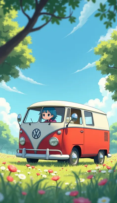  Animate a white and red van parked on a flowery field with a light breeze that moves the surrounding flowers.  The character Chibi must turn a page from the book she is holding , while her eyes blink and her short blue hair shakes softly .  Add realistic ...