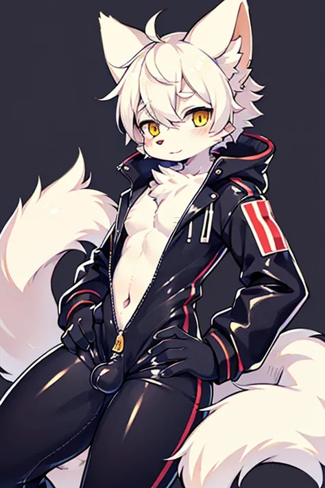 (kemono, furry anthro)
furry fox White body, yellow eyes, Knot dick, penis, wears latex clothing, is a man, cute, tall, Cumming, Wear a latex suit all over the body except the head. There is a zipper in the middle of the outfit., timid, Horny, Thin body, 