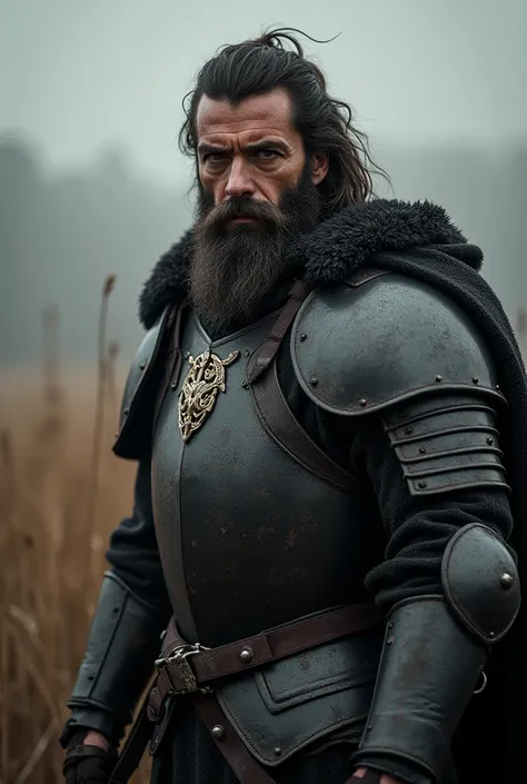  Middle aged man , knight,  Eyes looking at the camera ,  perfect male body , Epic character, (Rough, tall and loud, muscular, cabello negro,  black eyes,  frown ,  armor , Being on a Battlefield),dramatic shadow,  medieval,  armor , three-day beard , Long...