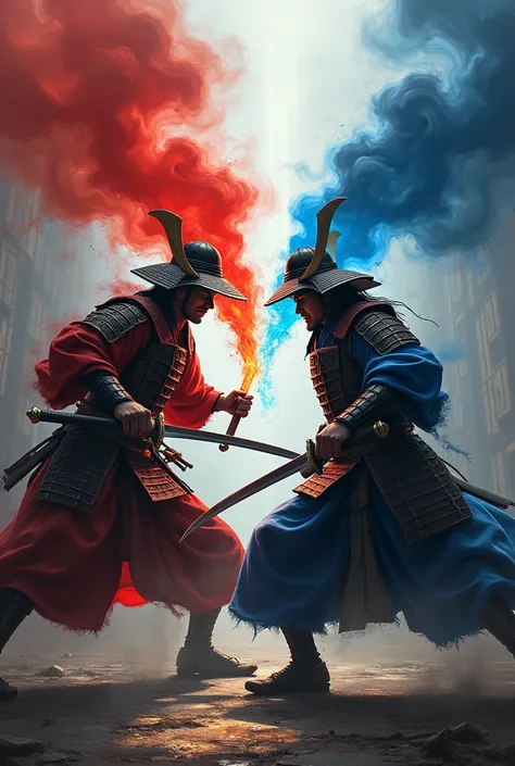 Epic battle between 2 handsome samurai with light effects and red smoke,blue,black and white  